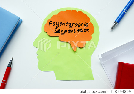 Brain and head made of paper with inscription Psychographic segmentation. 110594809