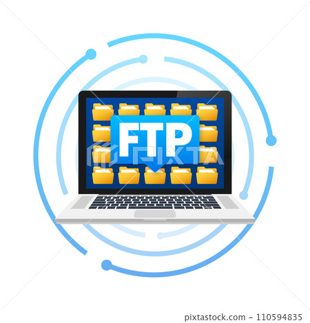 Laptop with FTP File Transfer Protocol interface displaying folders for web and data transfer concepts 110594835