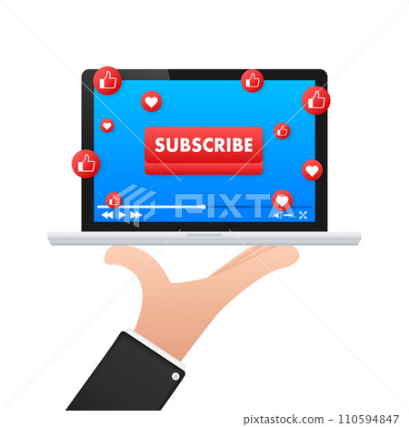 Engaging content vector illustration with Subscribe button on a laptop screen, surrounded by like and heart icons 110594847