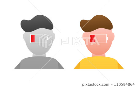 Illustration of human head profiles with low battery symbol, conceptual design for mental exhaustion or energy depletion 110594864