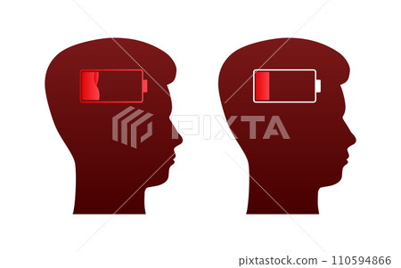 Vector illustration of two silhouetted profiles with battery level indicators, concept for mental energy or cognitive load 110594866
