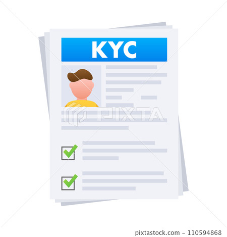 KYC Know Your Customer compliance document with checkmarks and client photo for financial services 110594868