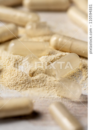 Heap of capsules, collagen, vitamins, pain killers, food supplements pills. Heap of capsules, collagen, vitamins, pain killers, food supplements pills. 110594881