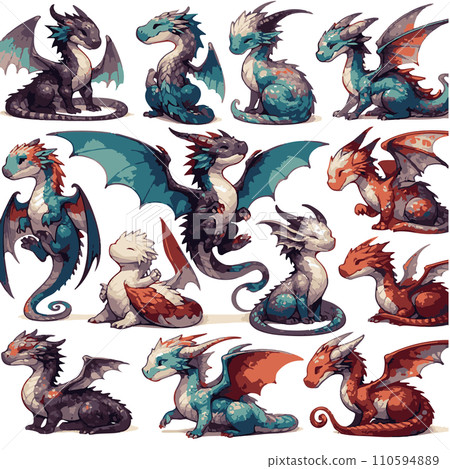 Multiple dragon illustrations, ancient dragons, cute dragon illustrations 110594889
