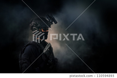 armed swat special forces army soldiers in combat camouflage uniform standing in brake building. Firearm shooting and tactical training in game 110594893