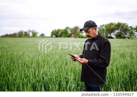 Farmer working with digital tablet for check wheat field. Agricultural growth business concept. 110594927
