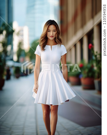 Dress mockup. Empty white mid-length fitted dress on a girl walking through the city, front view. Summer sundress template, women's clothing for design, advertising. Dress mockup. Empty white mid-length fitted dress on a girl walking through the city, front view. Summer sundress template, women's clothing for design, advertising. 110594958