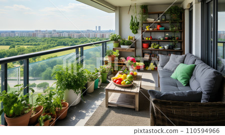 Cozy balcony with variety of herbs and potted plants overlooking the city. Relaxation area and ecological gardening. Cozy balcony with variety of herbs and potted plants overlooking the city. Relaxation area and ecological gardening. 110594966