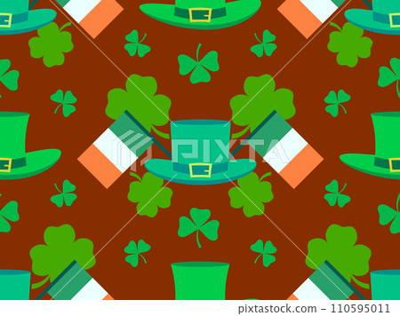 Seamless pattern with Irish flag, clover leaves and leprechaun cap for St. Patrick's Day. Symbols of the Irish holiday. Festive design for wallpaper, banner and cover. Vector illustration 110595011