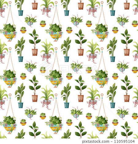 Seamless pattern. Houseplant and macrame plant growing in pots. Set of handmade home decorations macrame plants isolated on white background. Cartoon flat illustration. 110595104