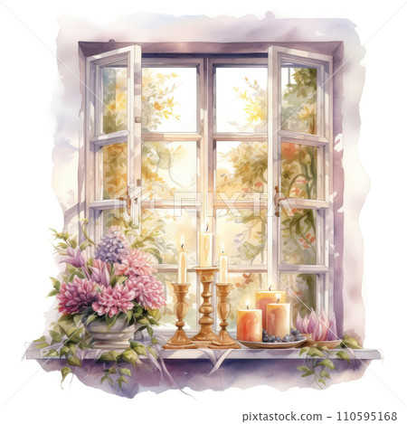 Watercolor window with candle and flowers on white background Watercolor window with candle and flowers on white background 110595168
