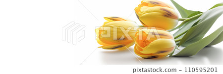 AI-generated content. Beautiful flowers, yellow tulips, white background. Postcard template Women's Day, March 8, Nurse's Day 110595201