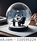 AI-generated content. Generative AI illustration of an individual sitting at a desk inside a snow glob 110595224