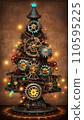 AI-generated content. Generative AI illustration of steampunk Christmas tree with mechanicals gears lit up with multicolored lights.  110595225