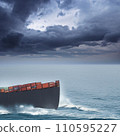 AI-generated content. Generative AI illustration of a large cargo vessel entering a storm with ominous dark clouds  110595227