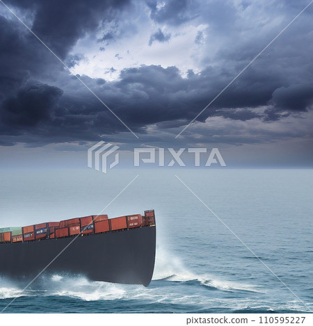 AI-generated content. Generative AI illustration of a large cargo vessel entering a storm with ominous dark clouds  110595227