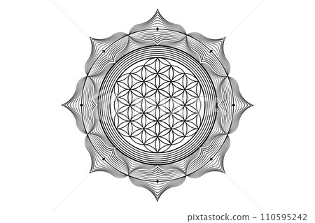 Sacred lotus yantra mandala, Mystical Flower of Life. Sacred geometry, vector logo graphic element isolated. Mystic icon seed of life, geometric drawing sign, esoteric lotus flower on white background 110595242