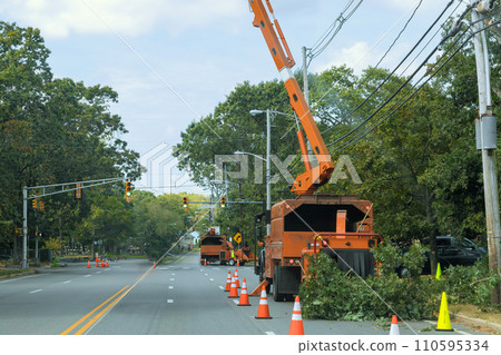 Branches that have been ground into chips by wood chipper machine are shredded wood 110595334