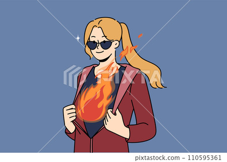 Inspired woman with flame in breast, demonstrating ambition and desire to achieve goals 110595361