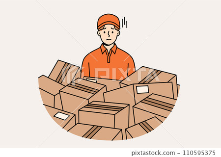 Sad man courier stands among scattered cardboard boxes, suffering from overload. 110595375