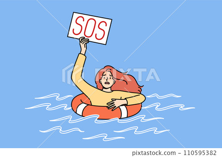 Drowning woman with sos sign uses lifebuoy, floating in water after falling overboard ship 110595382