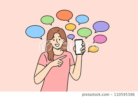 Woman shows off messages pointing fingers at phone and calling for downloading new mobile messenger 110595386