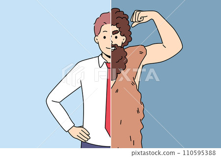 Man demonstrates progress of humanity and transformation into businessman from neanderthal Man demonstrates progress of humanity and transformation into businessman from neanderthal 110595388