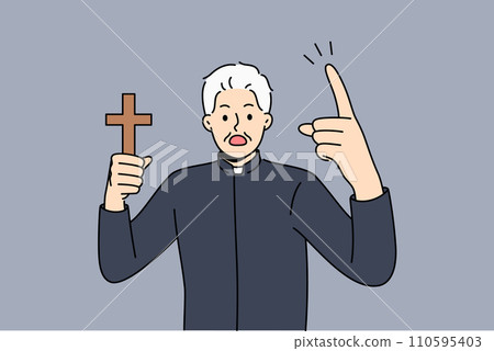 Angry priest with wooden christian cross shouts, urging think about approaching day of judgment 110595403