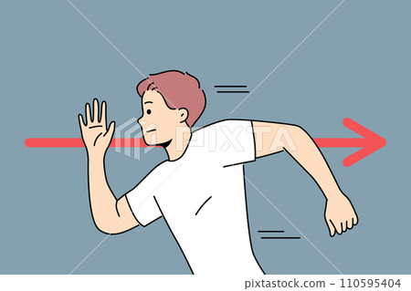Brave man runs in opposite direction near red arrow, demonstrating rebellion and non-conformity 110595404