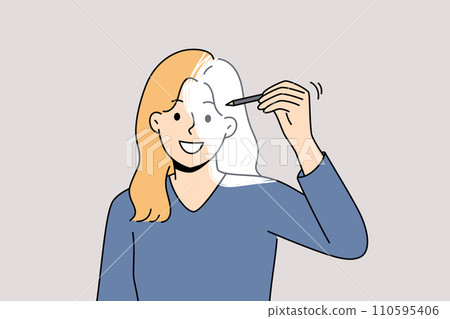 Woman draws own image with pencil, symbolizing self-development and desire to become better 110595406