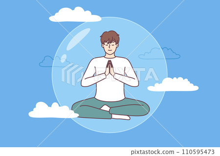 Meditating man does yoga in transparent bubble flying in sky and performing zen exercises 110595473