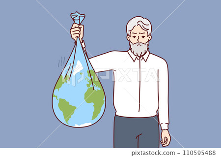 Old man litters environment by holding garbage bag in shape of planet earth, pollution environmental 110595488