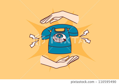 Old phone for making calls and telephone conversations, and people hands for ads telephony services Old phone for making calls and telephone conversations, and people hands for ads telephony services 110595490