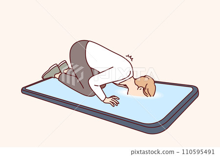 Man with digital addiction looks inside giant mobile phone, kneeling near gadget 110595491