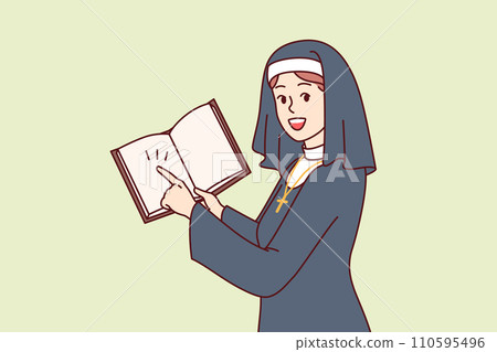 Woman nun with open bible in hands points finger at predictions, dressed in catholic cassock Woman nun with open bible in hands points finger at predictions, dressed in catholic cassock 110595496