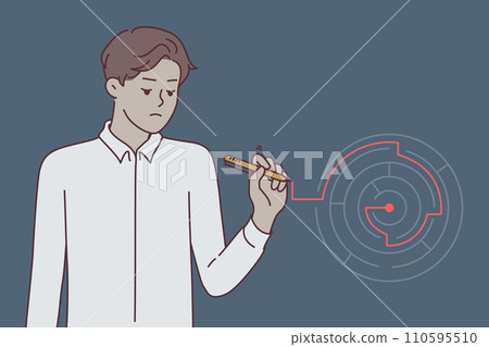 Man is looking for way out of maze, drawing line with marker to plan solution to complex problem 110595510