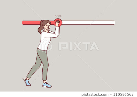 Woman moves progress bar slider to speed up downloading file from internet or achieving goal Woman moves progress bar slider to speed up downloading file from internet or achieving goal 110595562