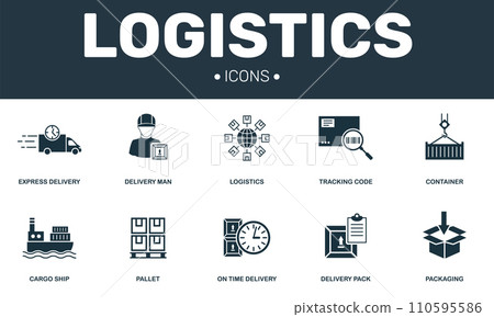 Logistics set icons collection. Includes simple elements such as Express delivery, Pallet, Packaging, Cargo Ship and Container premium icons 110595586
