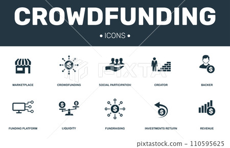 Crowdfunding set icons collection. Includes simple elements such as Marketplace, Creator, Backer, Funding platform and Fundraising premium icons Crowdfunding set icons collection. Includes simple elements such as Marketplace, Creator, Backer, Funding platform and Fundraising premium icons 110595625
