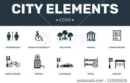 City elements set icons collection. Includes simple elements such as Restroom, Disabled, Public park, Hostel and Car parking premium icons 110595629