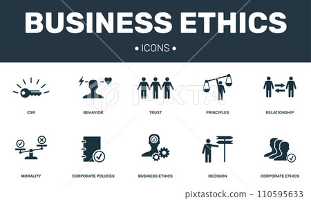Business Ethics set icons collection. Includes simple elements such as CSR, Behavior, Trust, Principles and Morality premium icons Business Ethics set icons collection. Includes simple elements such as CSR, Behavior, Trust, Principles and Morality premium icons 110595633