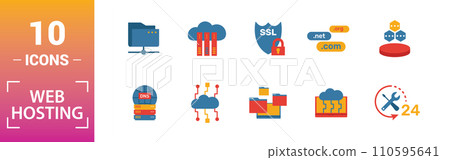 Web Hosting icon set. Include creative elements data structure, cloud technology, ssd, file access, modem icons. Can be used for report, presentation, diagram, web design 110595641