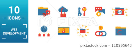 Web Development icon set. Include creative elements key search, seo, cloud storage, cloud management, network connection icons. Can be used for report, presentation, diagram, web design Web Development icon set. Include creative elements key search, seo, cloud storage, cloud management, network connection icons. Can be used for report, presentation, diagram, web design 110595643