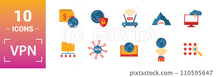 Vpn icon set. Include creative elements , archiving, site security, home server, cloud storage hacking icons. Can be used for report, presentation, diagram, web design 110595647