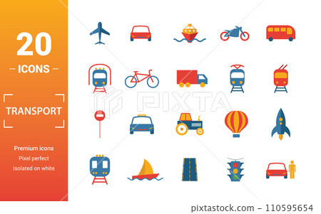 Transport icon set. Include creative elements car, motorcycle, bicycle, troleibus, taxi icons. Can be used for report, presentation, diagram, web design 110595654