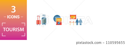 Tourism icon set. Include creative elements visa, international passport, photographing, exhibit, taxi icons. Can be used for report, presentation, diagram, web design 110595655