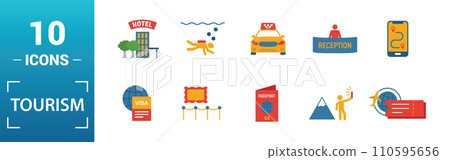 Tourism icon set. Include creative elements visa, international passport, photographing, exhibit, taxi icons. Can be used for report, presentation, diagram, web design 110595656
