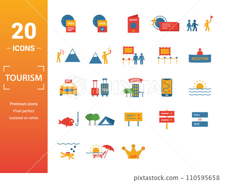Tourism icon set. Include creative elements visa, international passport, photographing, exhibit, taxi icons. Can be used for report, presentation, diagram, web design Tourism icon set. Include creative elements visa, international passport, photographing, exhibit, taxi icons. Can be used for report, presentation, diagram, web design 110595658