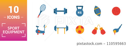 Sport Equipment icon set. Include creative elements dumbbells, soccer ball, baseball, hockey, exercise bike icons. Can be used for report, presentation, diagram, web design 110595663