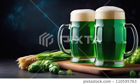 AI-generated content. Banner, St. Patrick's Day, concept. Two glasses of green Irish beer with foam stand on a wooden board side by side - decoration made of hops and wheat plants on a dark background AI-generated content. Banner, St. Patrick's Day, concept. Two glasses of green Irish beer with foam stand on a wooden board side by side - decoration made of hops and wheat plants on a dark background 110595763